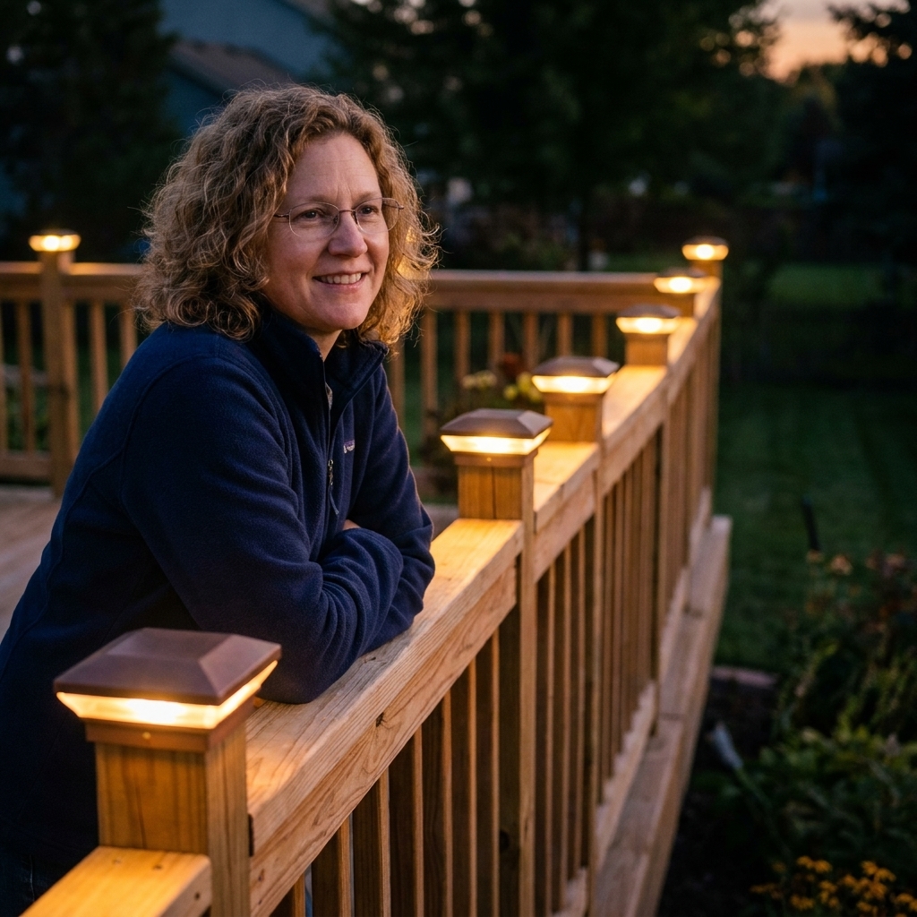 A backyard deck railing at dusk with warm glowing post cap lights on each wooden post, creating a soft perimeter outline