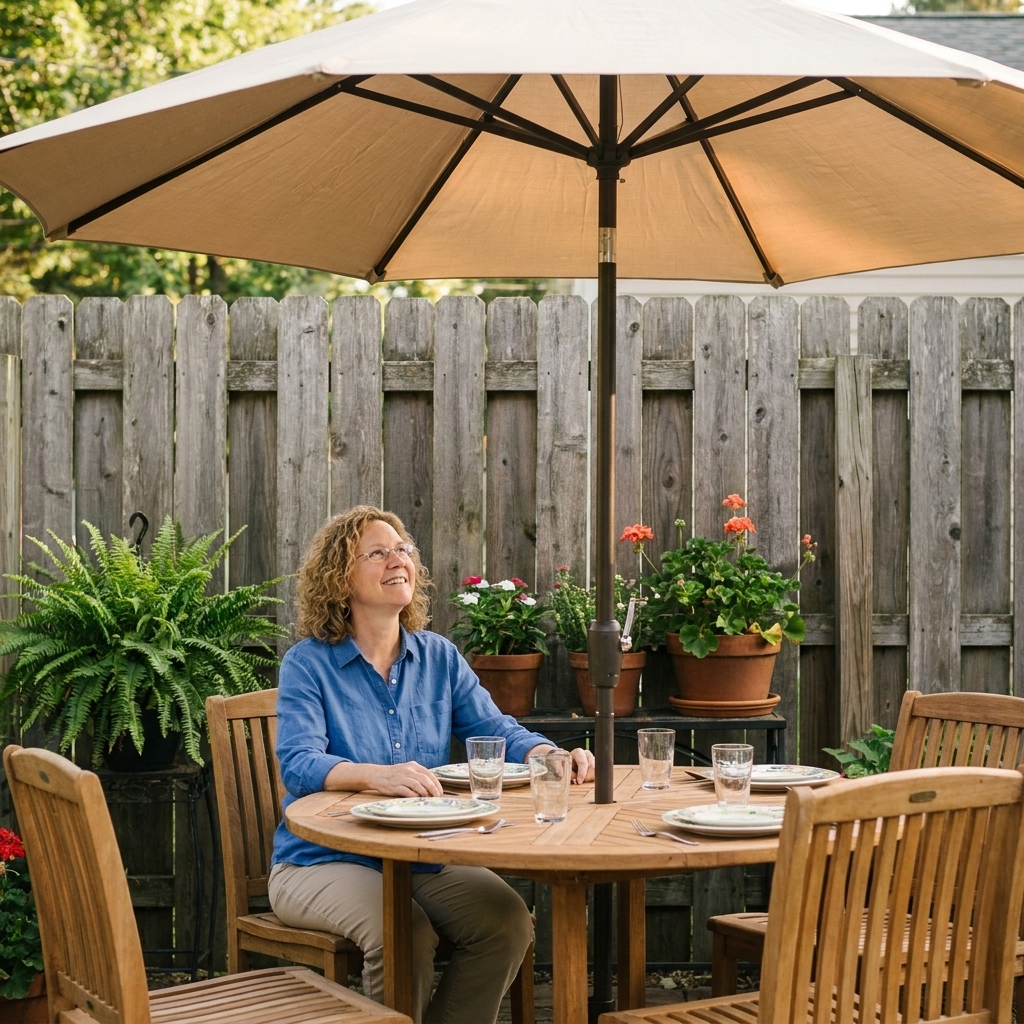 A backyard dining table with a centered patio umbrella open above it, leaving clear space around the canopy near a fence and nearby potted plants