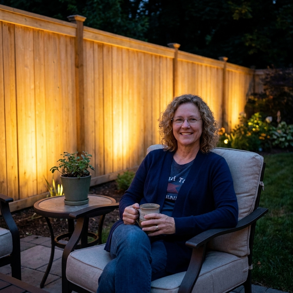 A backyard fence softly illuminated with evenly spaced warm uplights, creating an even wall-wash effect behind a small patio seating set