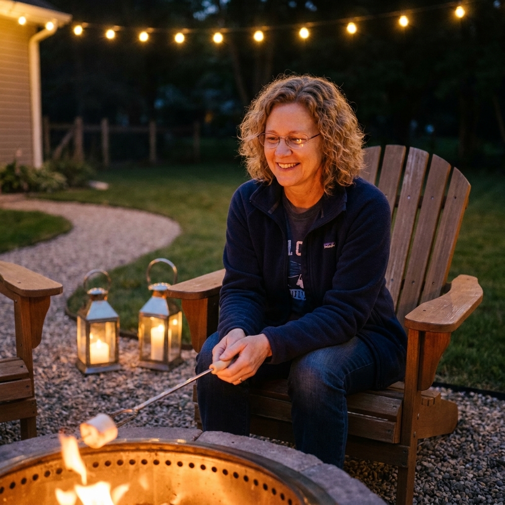 A backyard fire pit seating area at night with warm string lights overhead, two lanterns on the ground behind the chairs, and a clear walking path around the seating