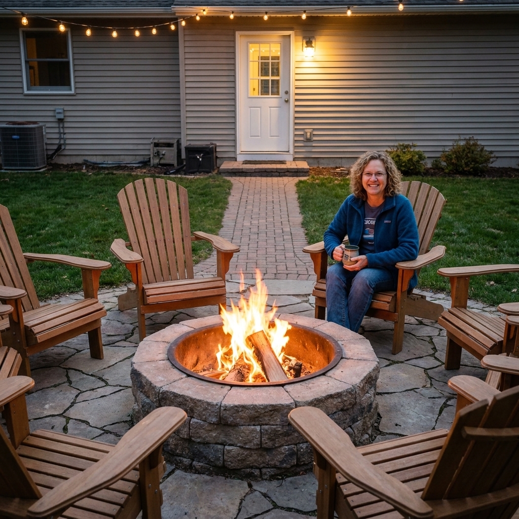 A backyard patio fire pit area with Adirondack chairs arranged in a wide circle and a clear paver walkway behind the chairs leading toward a back door