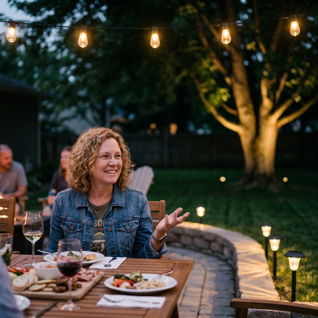A backyard patio set up for entertaining with solar string lights overhead, solar path lights along the edge, and a softly lit tree beyond the seating area