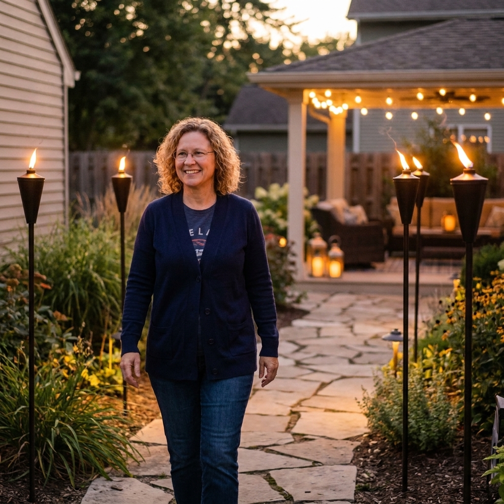 A backyard patio walkway at dusk lined with modern metal torches, each with a small steady flame, leading toward a seating area with soft ambient lighting