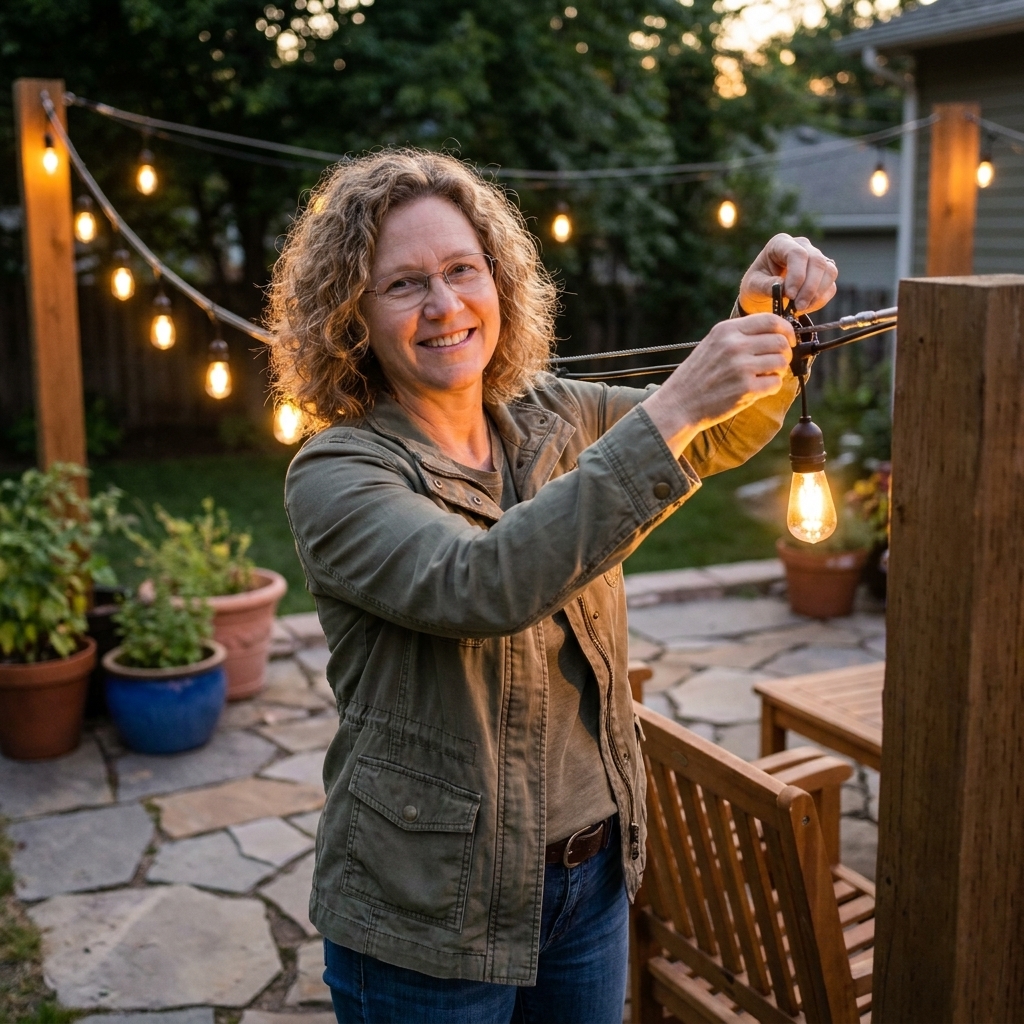 A backyard patio with a taut steel guide wire stretched between two posts, with outdoor string lights clipped neatly along the wire