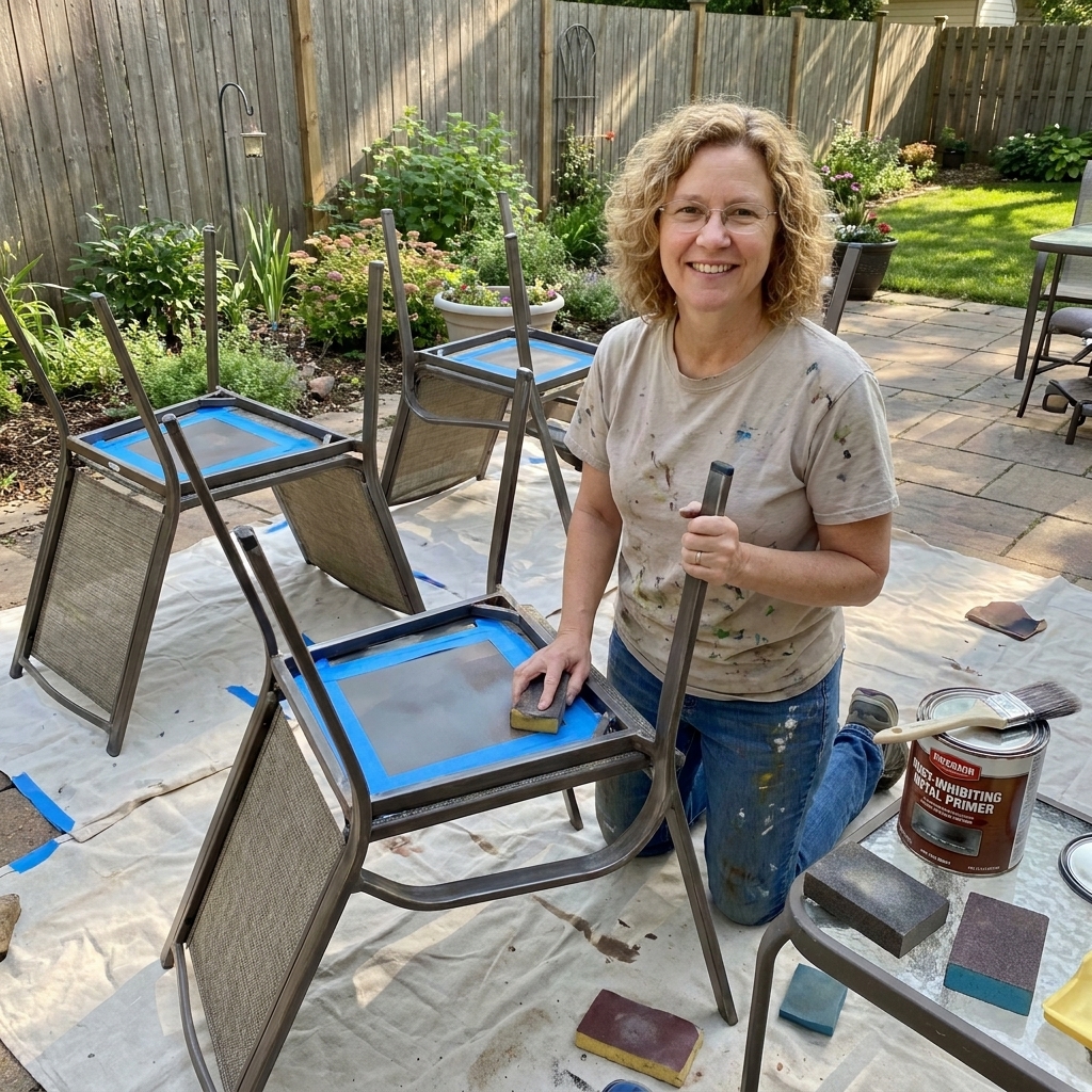 A backyard work area with metal patio chairs flipped upside down on drop cloths, surrounded by painter's tape, sanding sponges, and a primer can