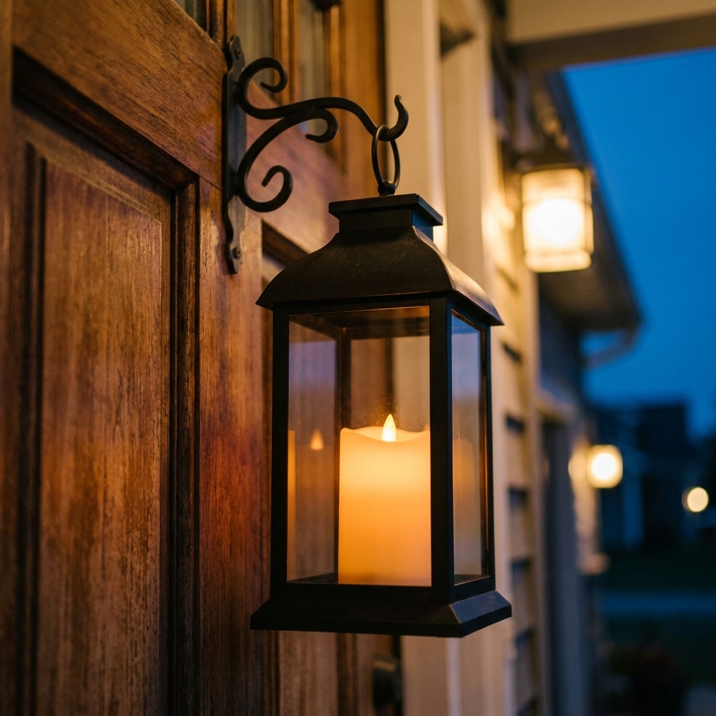 A black metal lantern hanging from a front door hook with a warm battery candle inside, photographed at dusk