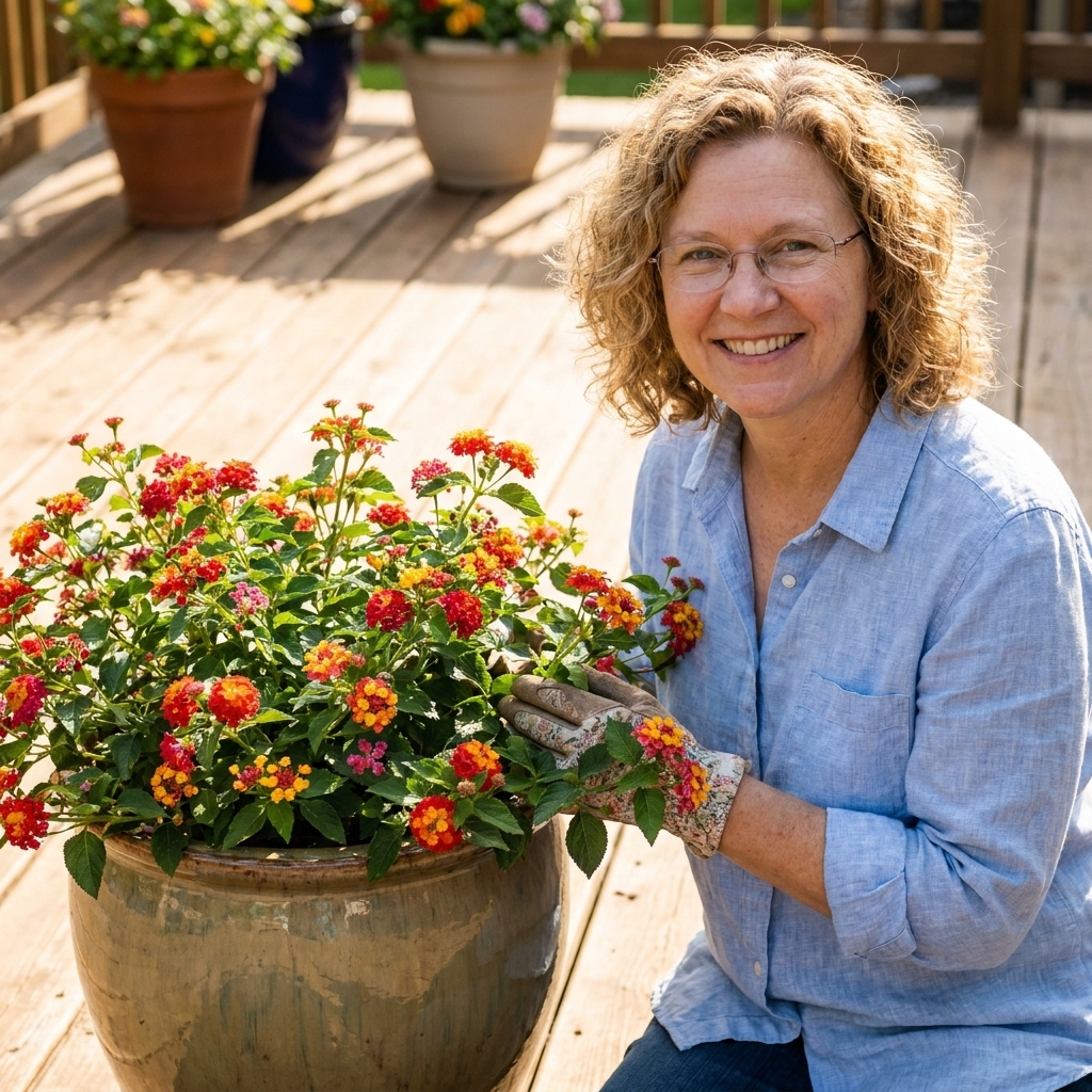 A bright lantana plant covered in small multicolor blooms growing in a large ceramic container on a sun-drenched wooden deck