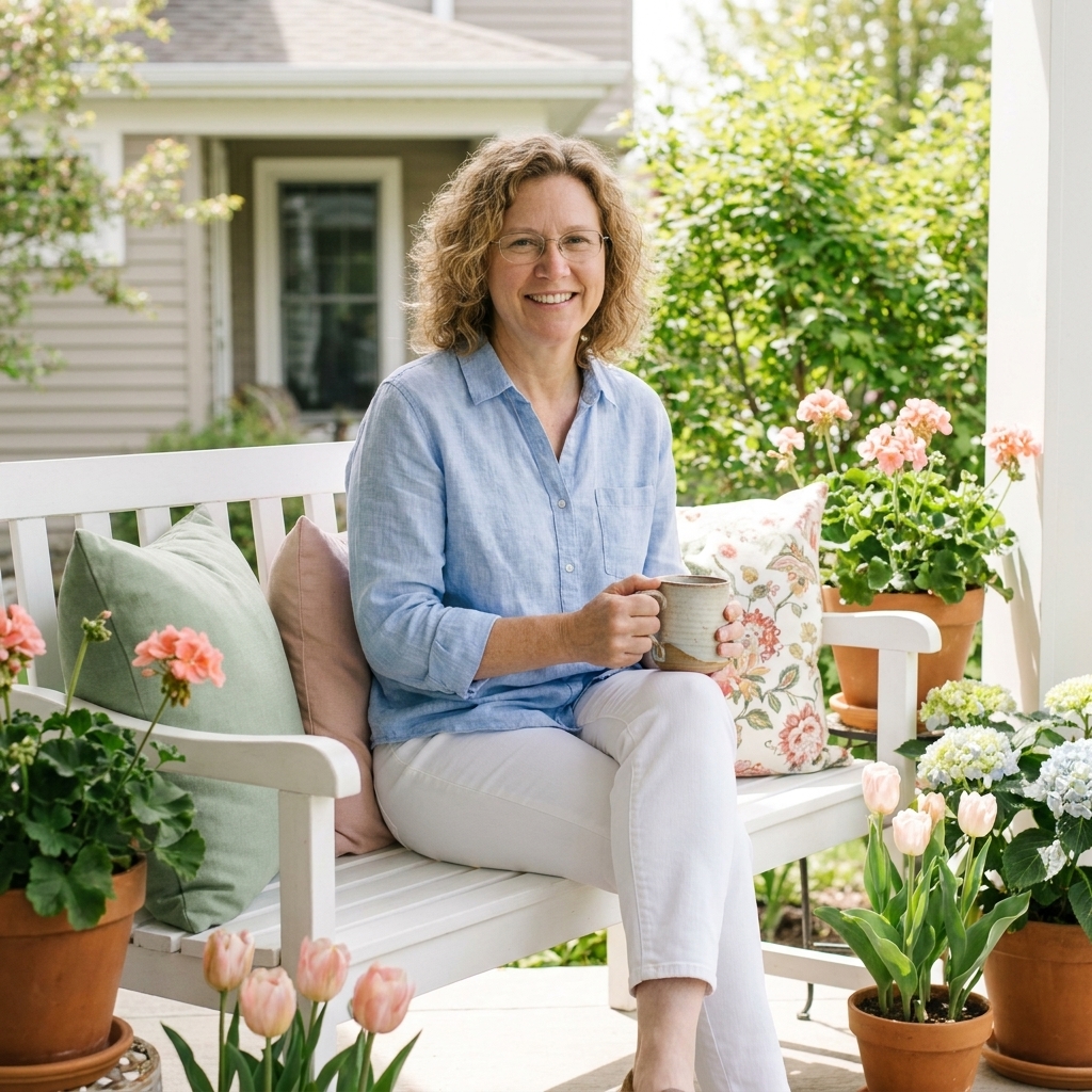 A bright spring front porch with a white bench styled with soft green and blush outdoor throw pillows and a small floral print pillow, surrounded by potted flowers