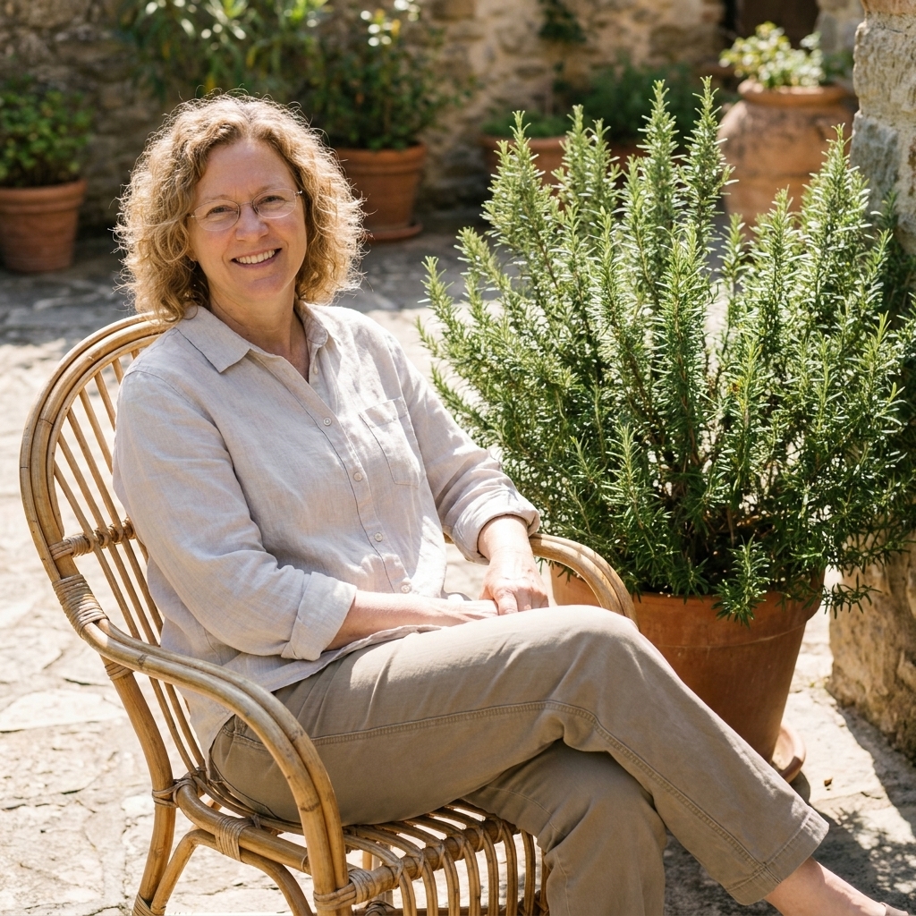 A bushy rosemary plant in a large clay pot on a sunny patio next to a woven outdoor chair, with bright midday light