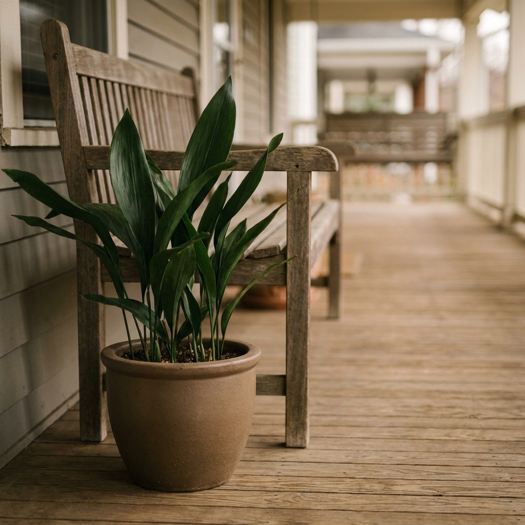 A cast iron plant with upright deep green leaves in a matte ceramic pot beside a covered front porch bench