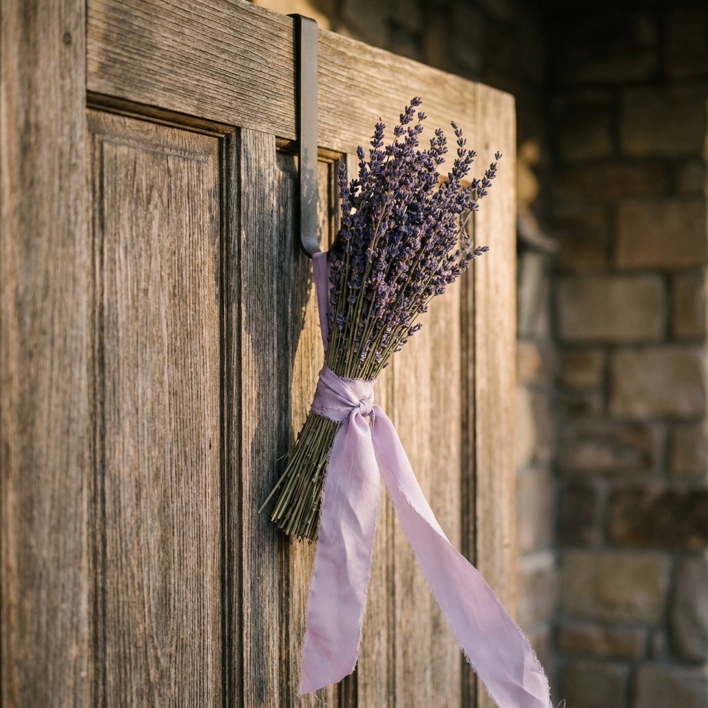 A close view of a front door decorated with a tied bundle of dried lavender and a soft ribbon hanging from an over-the-door hook