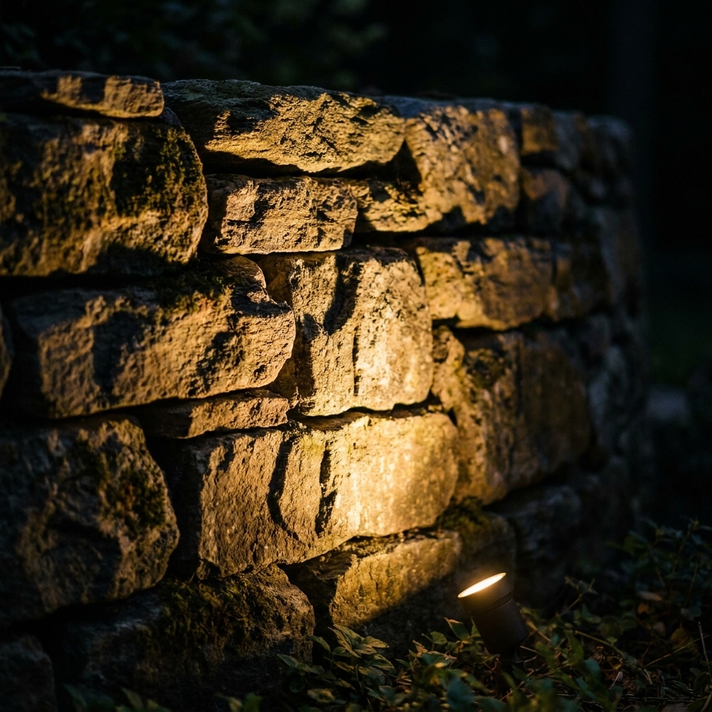 A close view of a stone garden wall at night with a small low-voltage uplight placed near the base, casting shadows that emphasize the stone texture