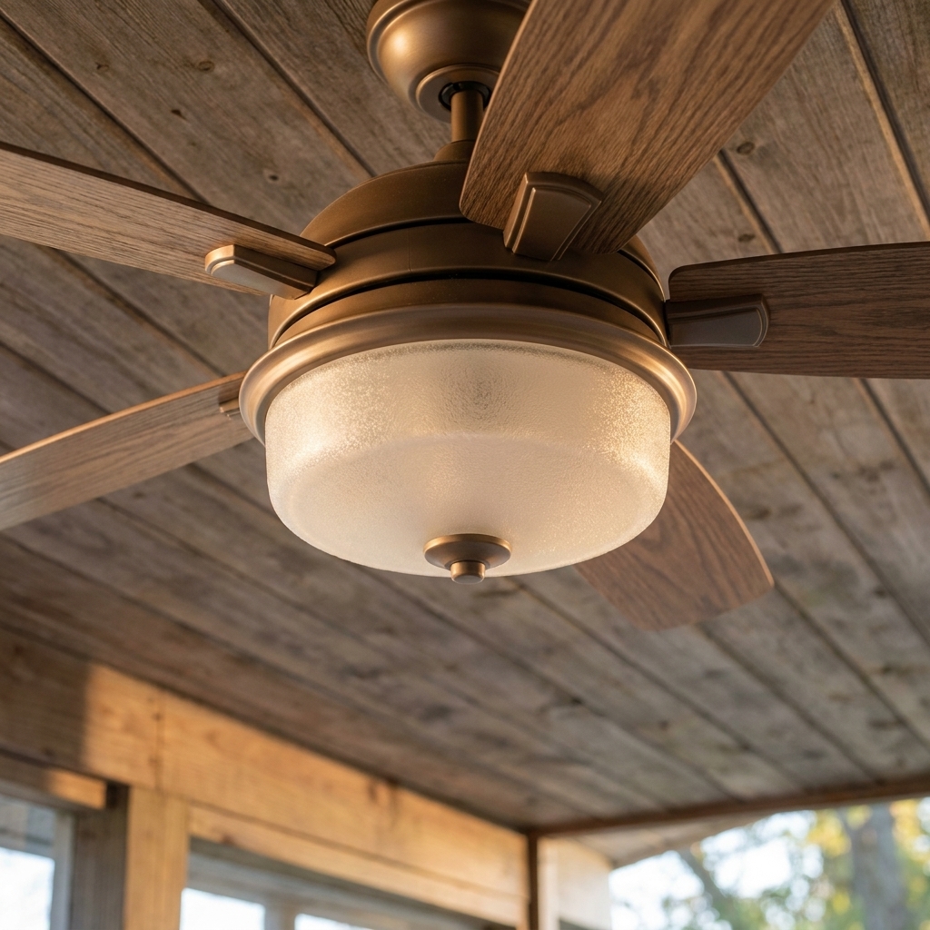 A close view of an outdoor ceiling fan light with a frosted diffuser on a covered porch ceiling