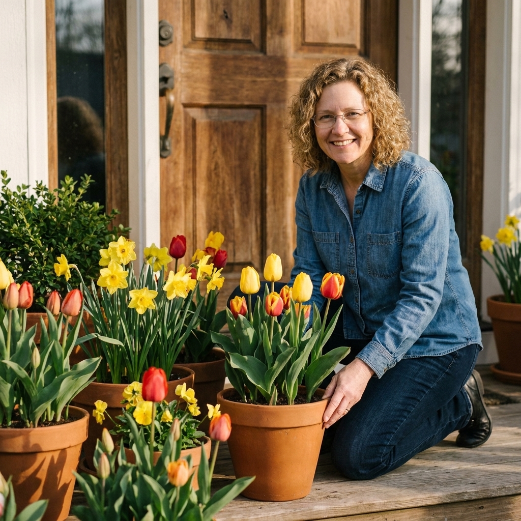 A cluster of terracotta pots filled with blooming tulips and daffodils arranged beside a front door on a porch, with fresh green leaves and soft morning light