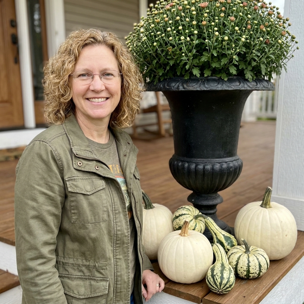 A cluster of white pumpkins and striped gourds arranged at the base of a large black urn planter on a front porch