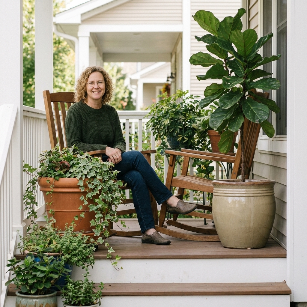 A compact front porch with two chairs and layered potted plants, including a tall planter in the corner and a trailing plant in a smaller pot near the seating area