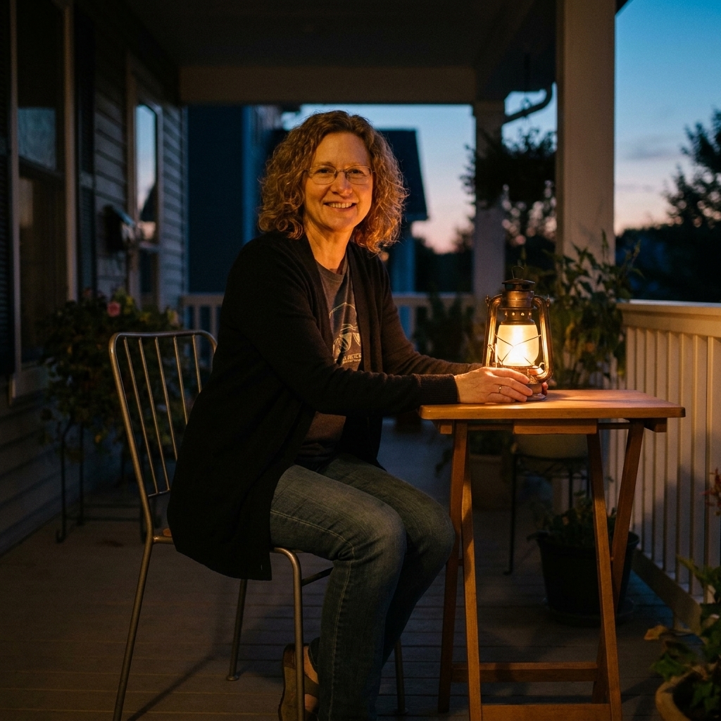 A covered front porch at dusk with a slim chair-and-table setup and a warm glowing lantern on the table