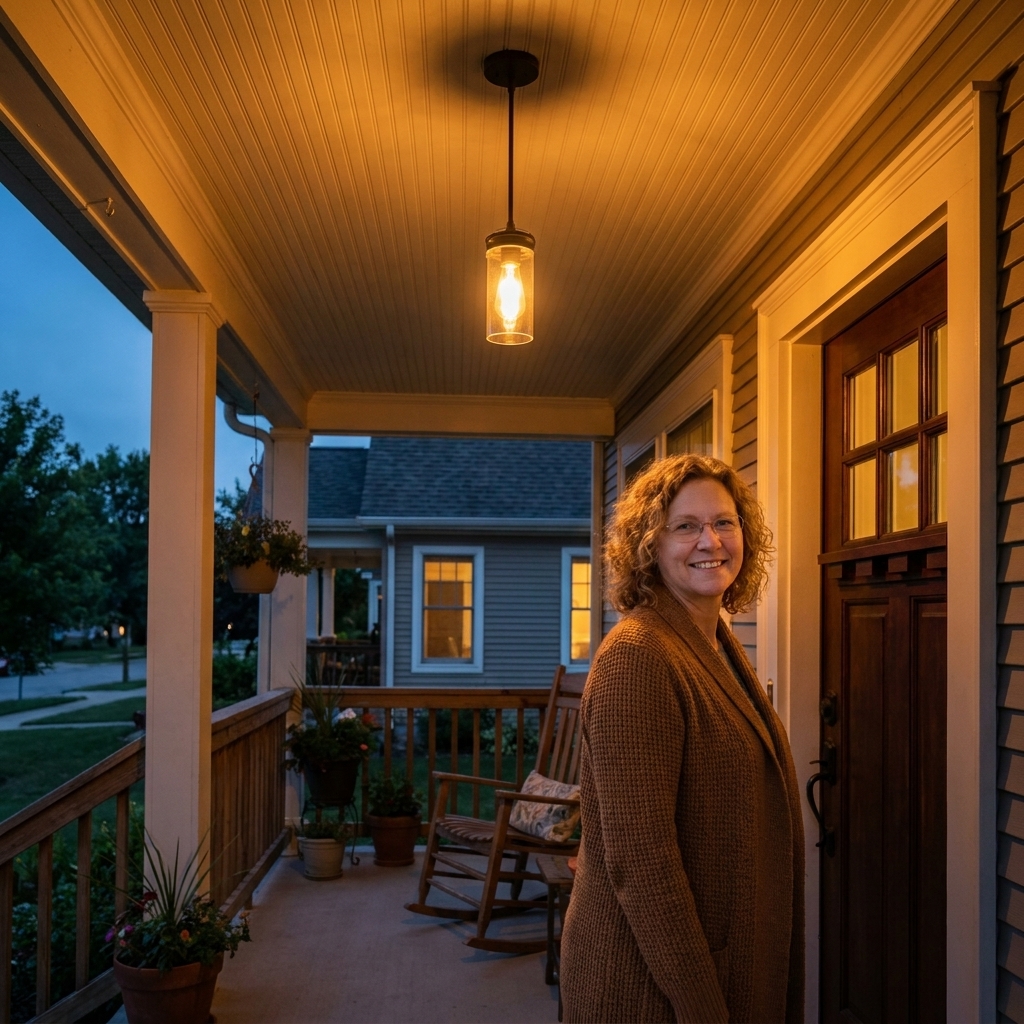 A covered front porch with a warm-glowing pendant light centered above the entry, softly illuminating the porch ceiling and front door at twilight, realistic photograph