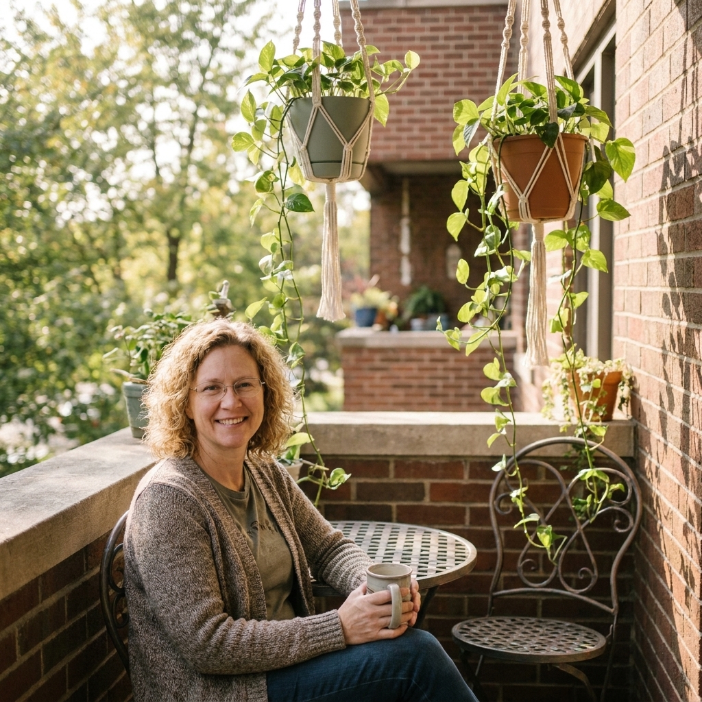 A cozy apartment patio corner with two hanging planters full of trailing pothos and a small bistro chair below, in soft afternoon light
