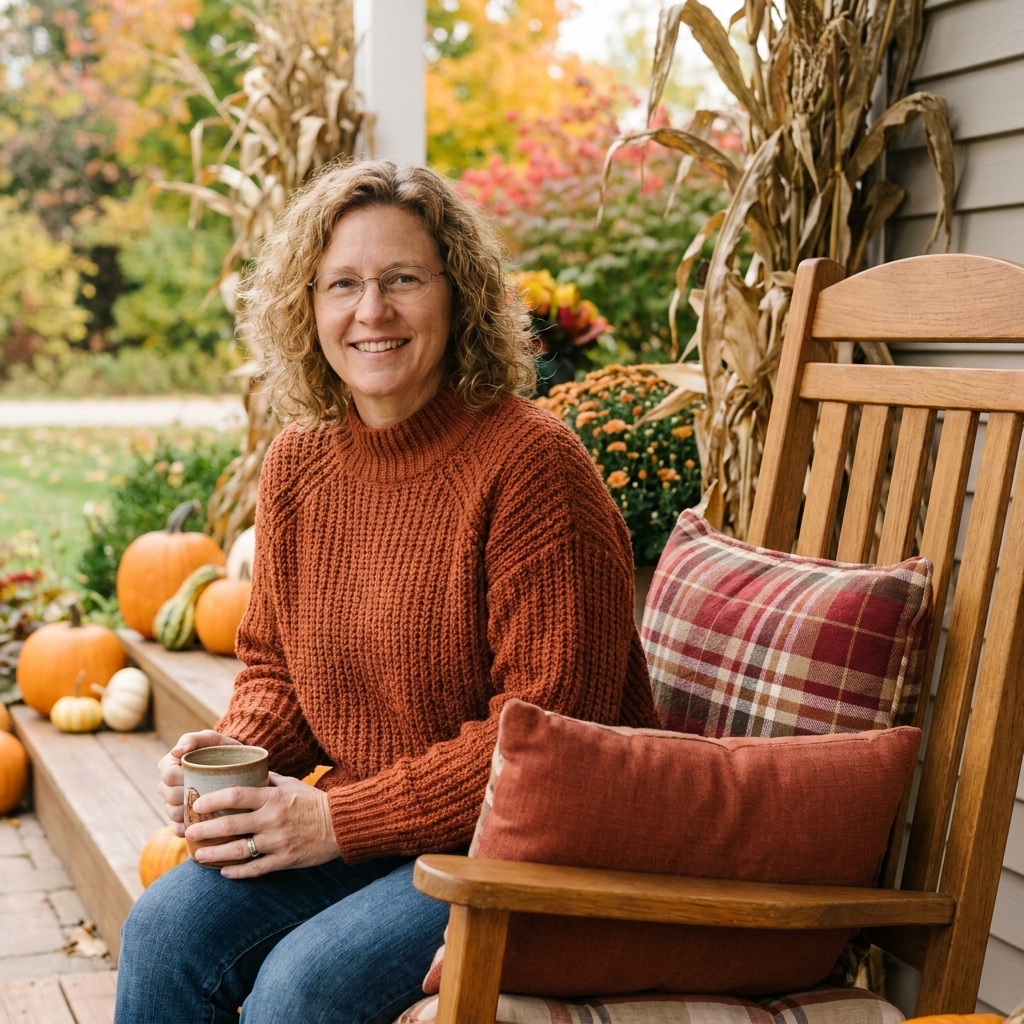A cozy autumn porch with a wooden rocking chair styled with a plaid outdoor pillow and a rust-colored lumbar pillow, with pumpkins on the steps