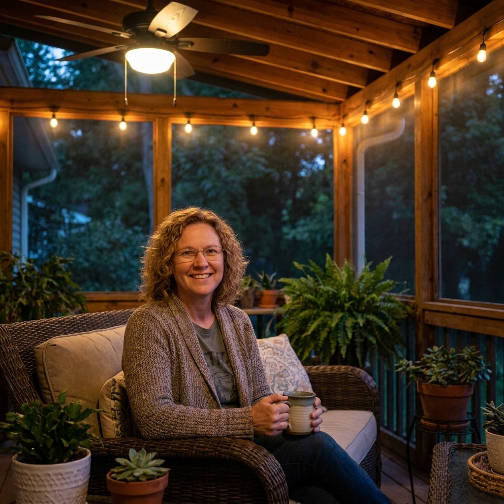 A cozy covered porch at dusk with a ceiling fan light on, warm string lights along the ceiling, and a seating area with cushions and potted plants