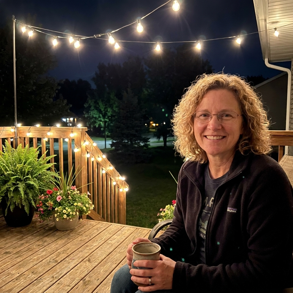 A cozy deck at night with warm bistro string lights overhead and softly lit railings, with potted plants near the stair entrance