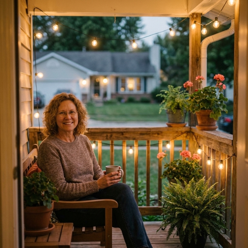 A cozy front porch at dusk with warm bistro lights, a small seating area with cushions, and potted greenery framing the doorway