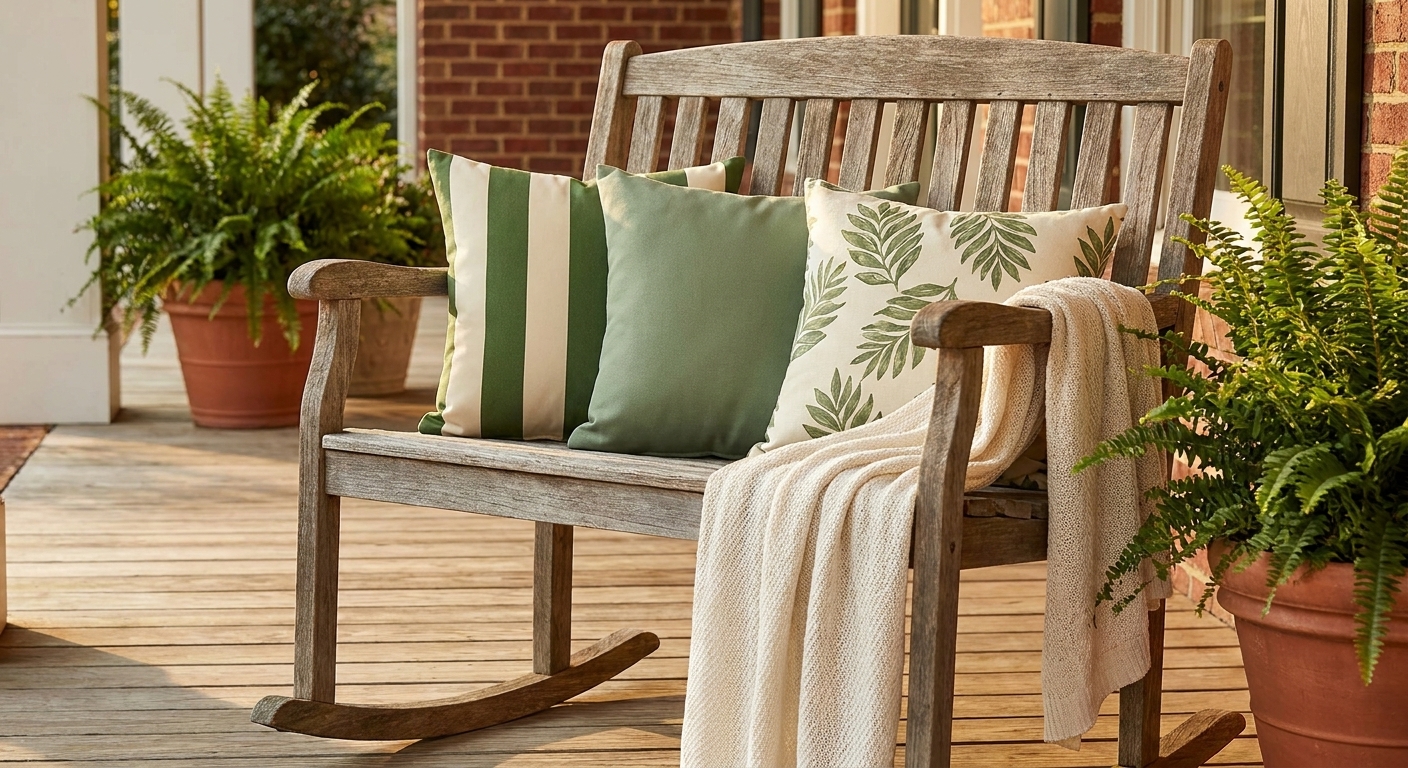 A cozy front porch chair with fresh green and cream outdoor pillows and a lightweight knit throw blanket draped over the arm