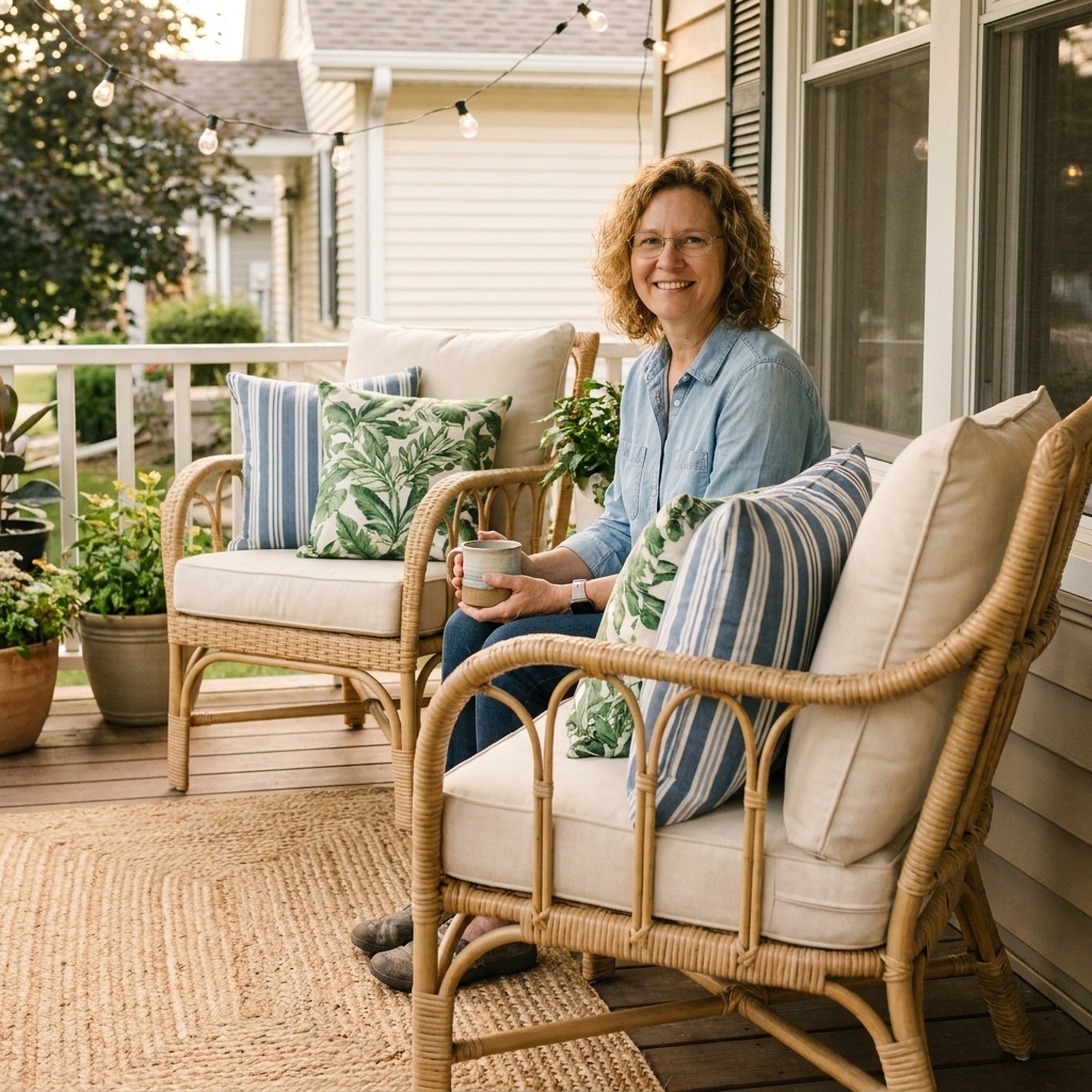 A cozy front porch with two wicker chairs styled with neutral outdoor pillows, one striped pillow, and one botanical print pillow on each chair