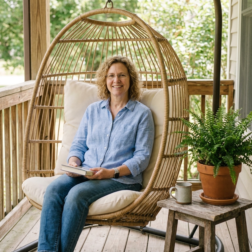 A cozy hanging chair with neutral cushions on a covered porch, positioned beside a small side table and a potted plant