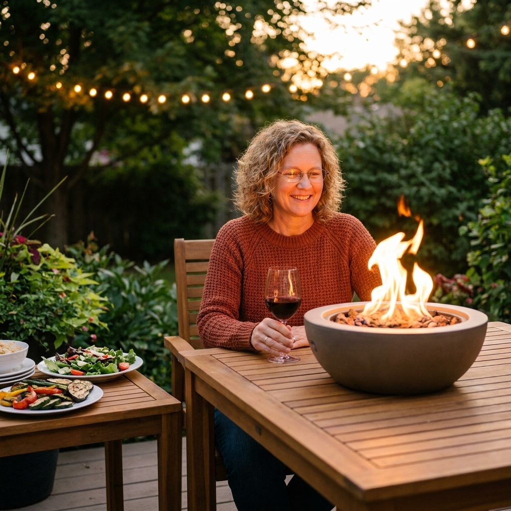 A cozy outdoor dinner scene at dusk with a tabletop fire bowl glowing at the center of a dining table, with food set on a nearby side table and soft ambient lighting around the patio