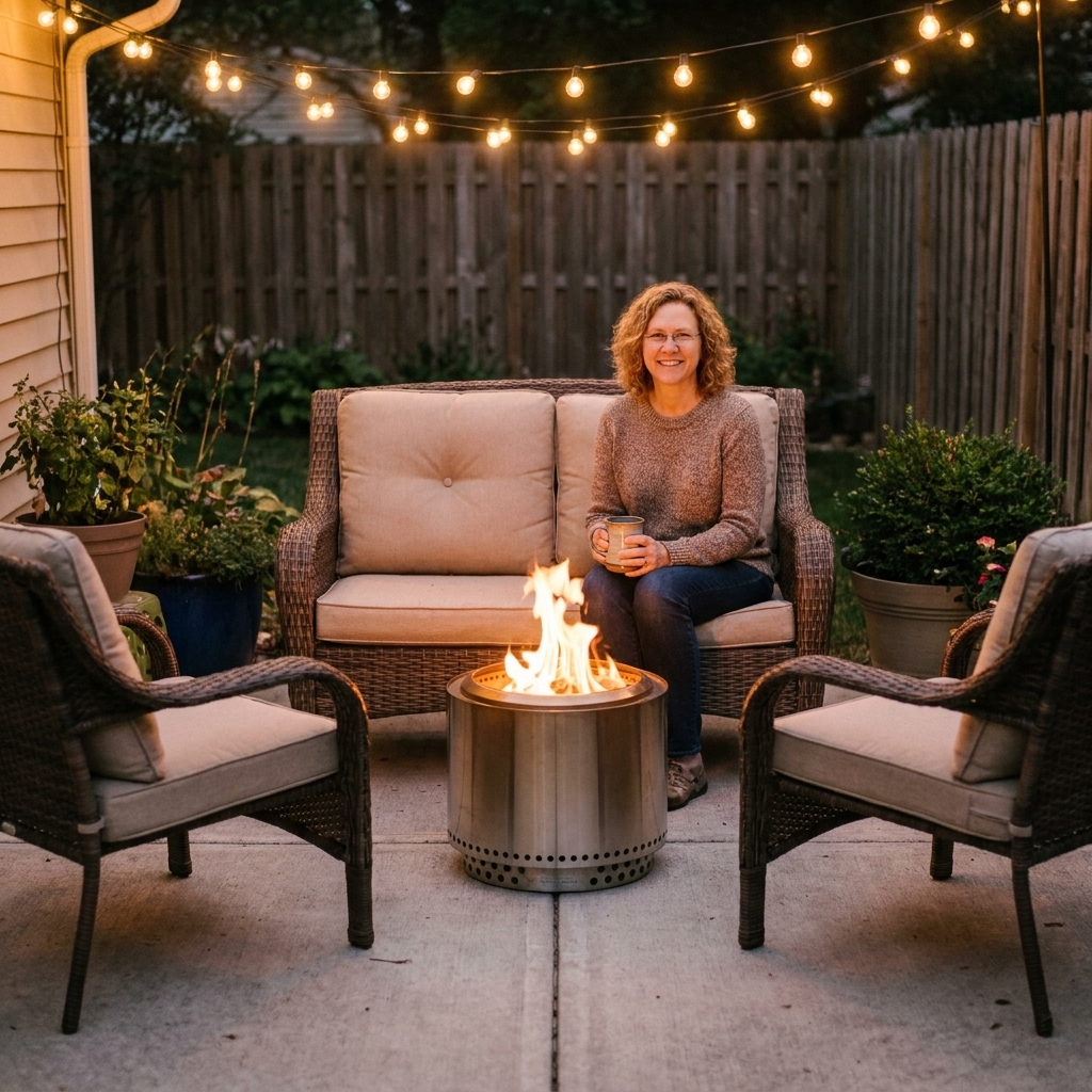 A cozy patio setup with a small round fire pit centered in front of a two seat outdoor loveseat and two cushioned chairs, all arranged on a concrete slab with string lights overhead