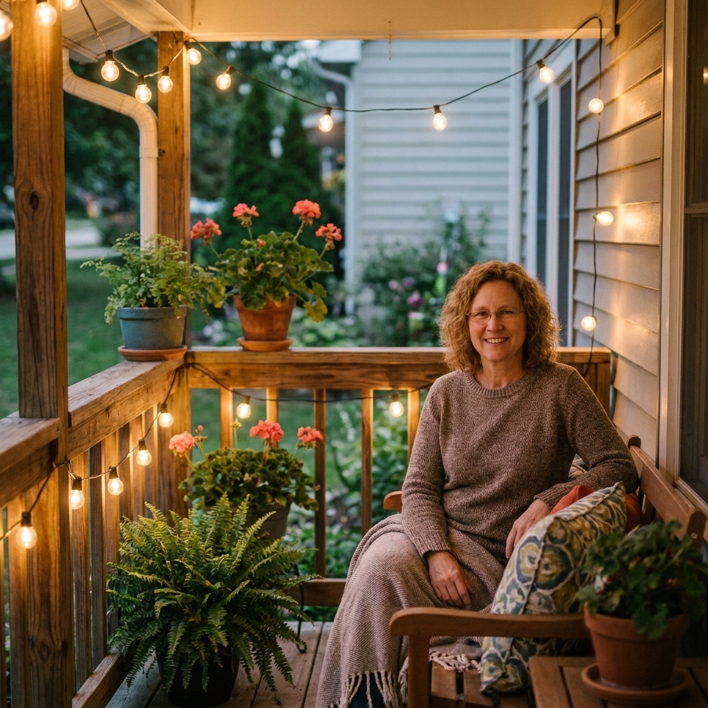 A cozy small front porch with a bench, outdoor pillows, a throw blanket, potted plants, and warm string lights
