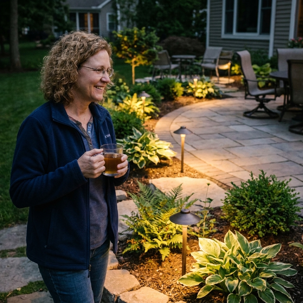 A curving garden bed bordering a patio with warm low pathway lights spaced evenly, creating a soft guiding glow along the edge