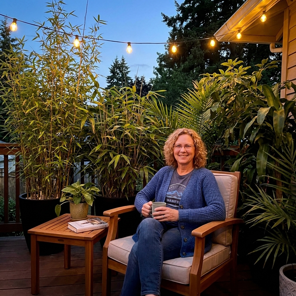 A deck at dusk with tall potted plants forming a privacy screen and warm string lights glowing above a small seating area