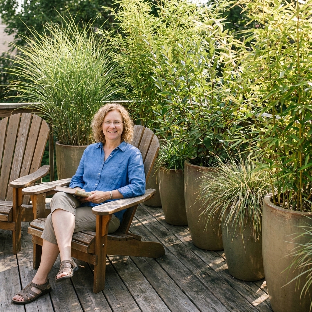 A deck seating area with tall plants in planters arranged in a staggered layout to create a natural privacy screen beside outdoor chairs