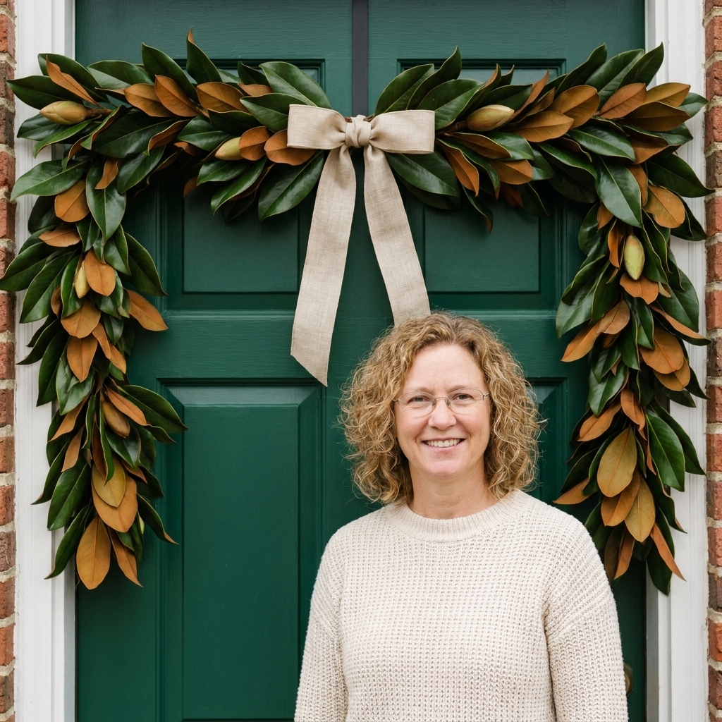 A deep green front door decorated with a long magnolia leaf swag tied with a wide linen ribbon