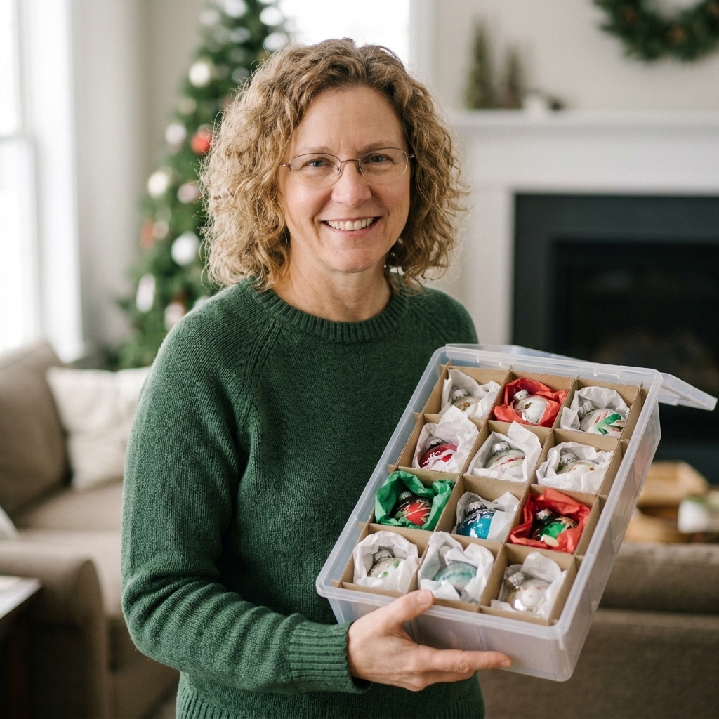 A divided ornament storage case filled with wrapped glass ornaments, each ornament separated to prevent chipping