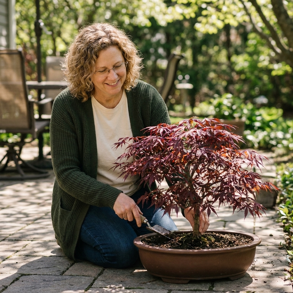 A dwarf Japanese maple with red leaves growing in a wide, low ceramic pot on a stone patio in partial shade