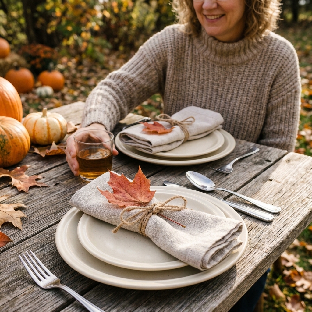 A fall place setting outdoors with a linen napkin tied with jute twine, a dried maple leaf tucked under the knot, and cream stoneware plates