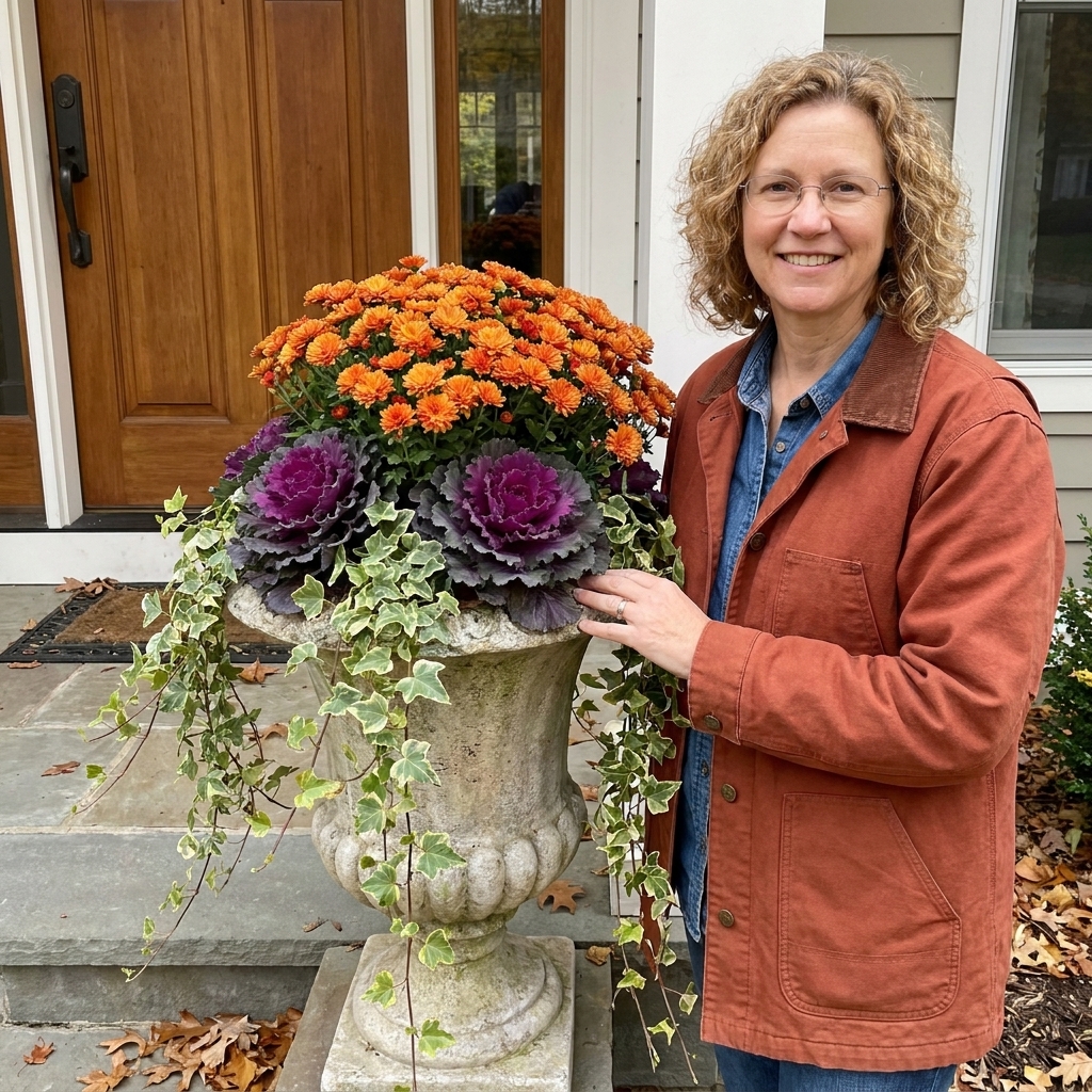 A fall planter featuring orange mums, purple ornamental kale, and a trailing spiller plant in a weathered stone urn near a front door