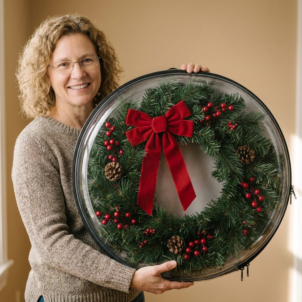 A faux evergreen wreath placed inside a hard-sided round storage case to protect its shape and decorations