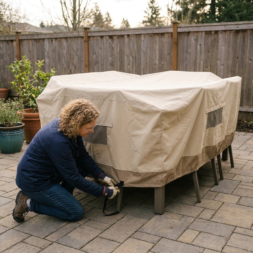 A fitted outdoor furniture cover with visible air vents stretched over a rectangular patio dining set on a backyard patio, secured at the legs