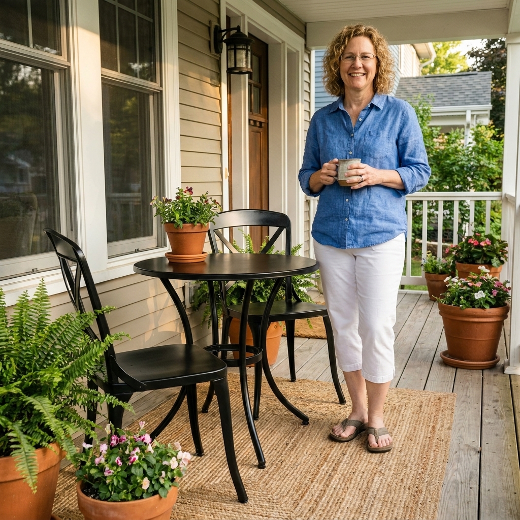 A freshly painted metal bistro table and two matching chairs in a soft satin black on a front porch with potted plants and a neutral outdoor rug
