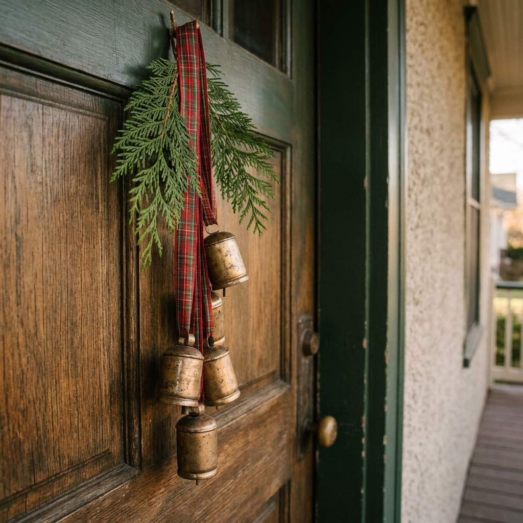 A front door decorated with a cluster of vintage brass bells hanging from a plaid ribbon, with a simple cedar sprig tucked behind