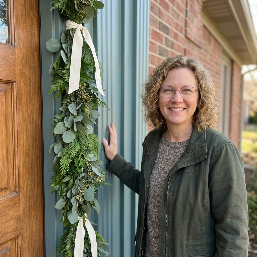 A front door decorated with a vertical greenery garland running down one side, styled with a simple ribbon