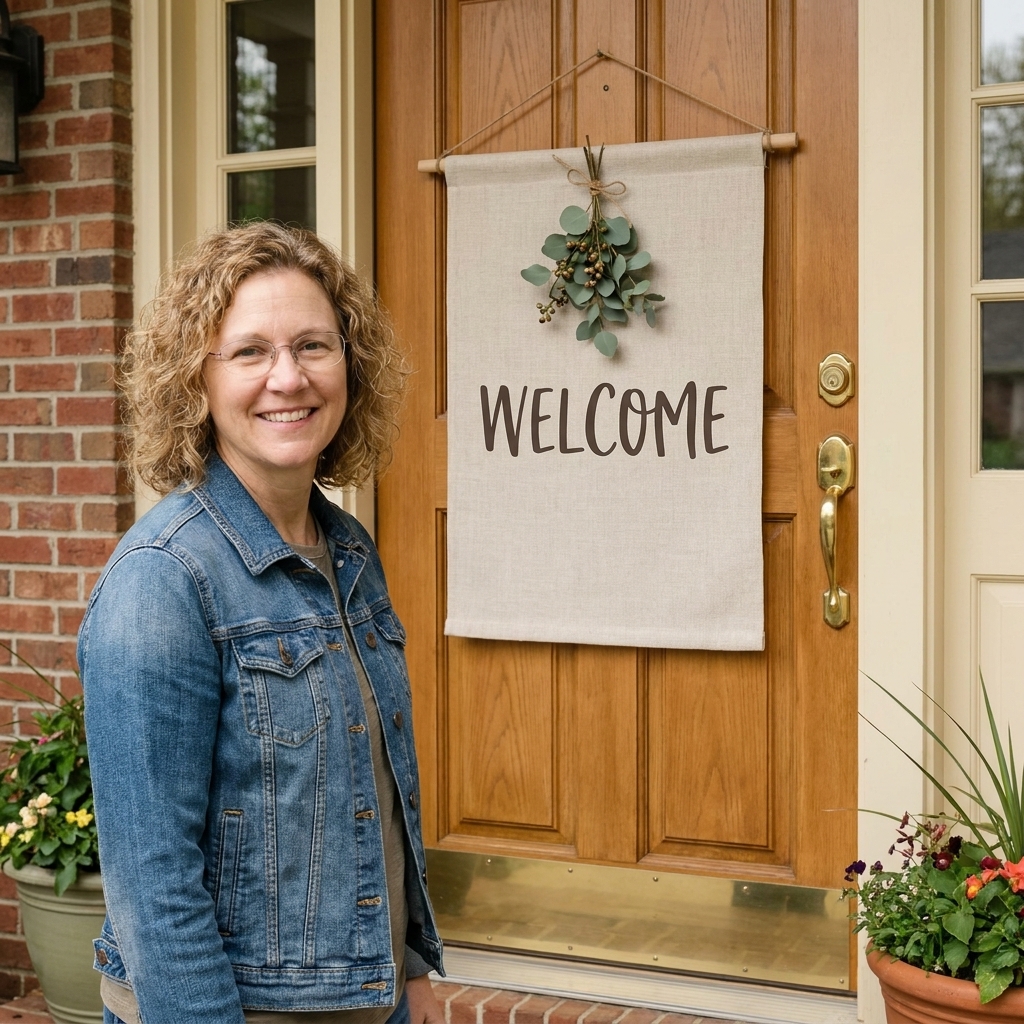 A front door styled with a neutral linen banner hanging from a wooden dowel, with a small sprig of greenery tied at the top