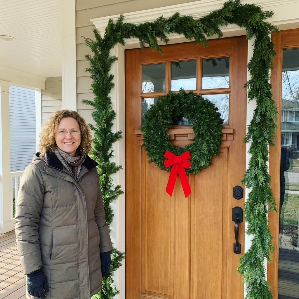 A front door with evergreen garland wrapped neatly around the doorframe and a simple wreath centered on the door, photographed in natural daylight