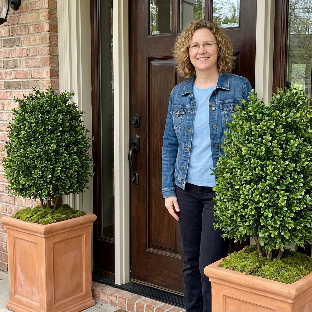 A front entry with two symmetrical planters flanking the door, each holding a realistic faux boxwood-style shrub with natural shaping and moss top dressing, photographed in daylight