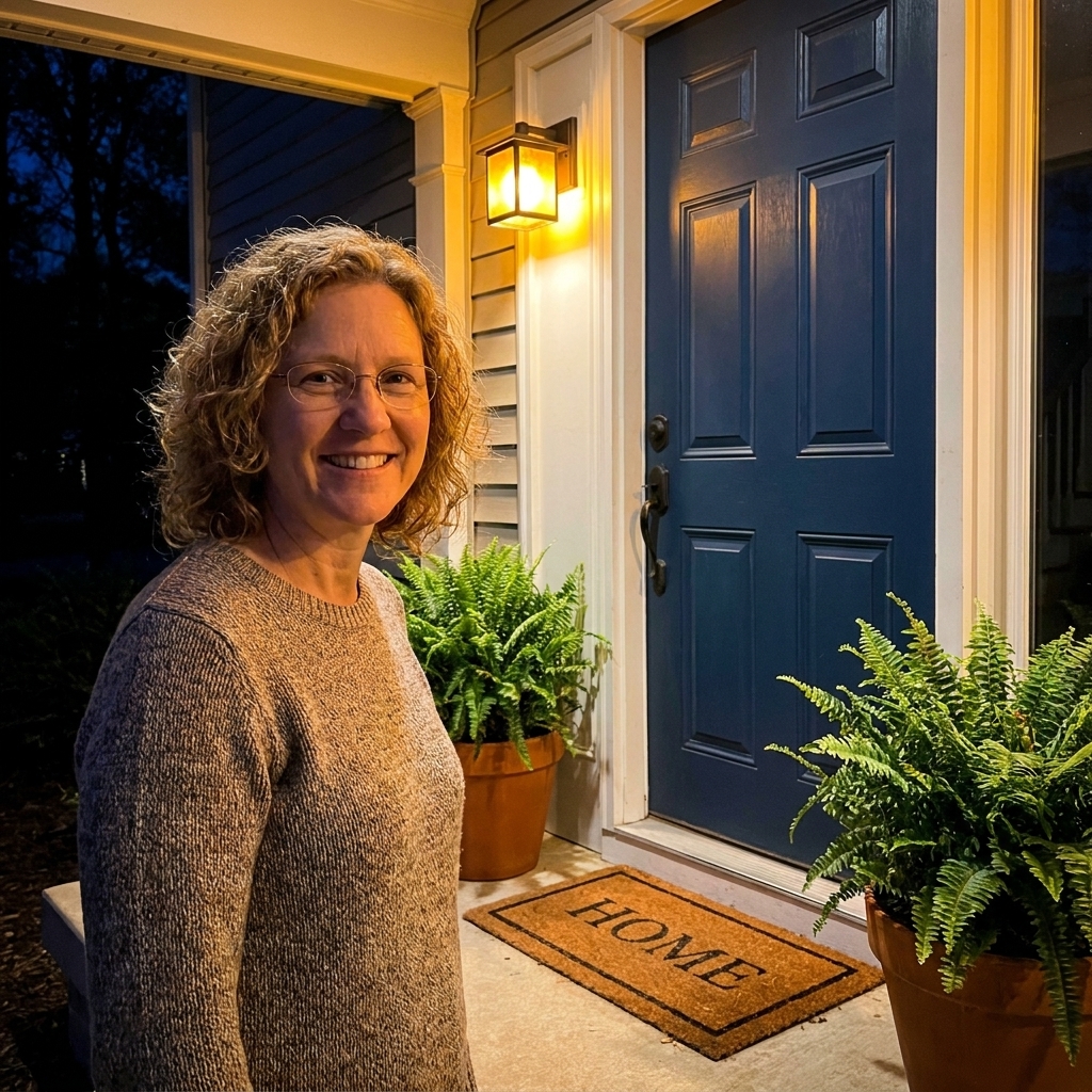 A front porch at night with an amber-glowing wall sconce beside a painted front door, a coir doormat, and two potted plants